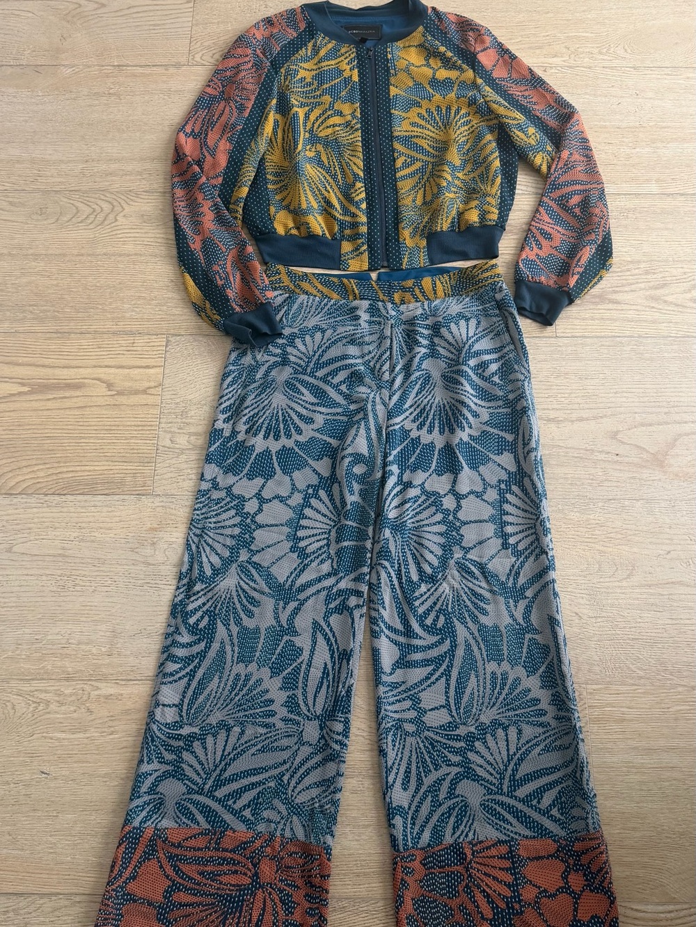 BCBGMaxAzria Floral Pattern Bomber Jacket in Mustard, Teal & Coral - Picture 2 of 2